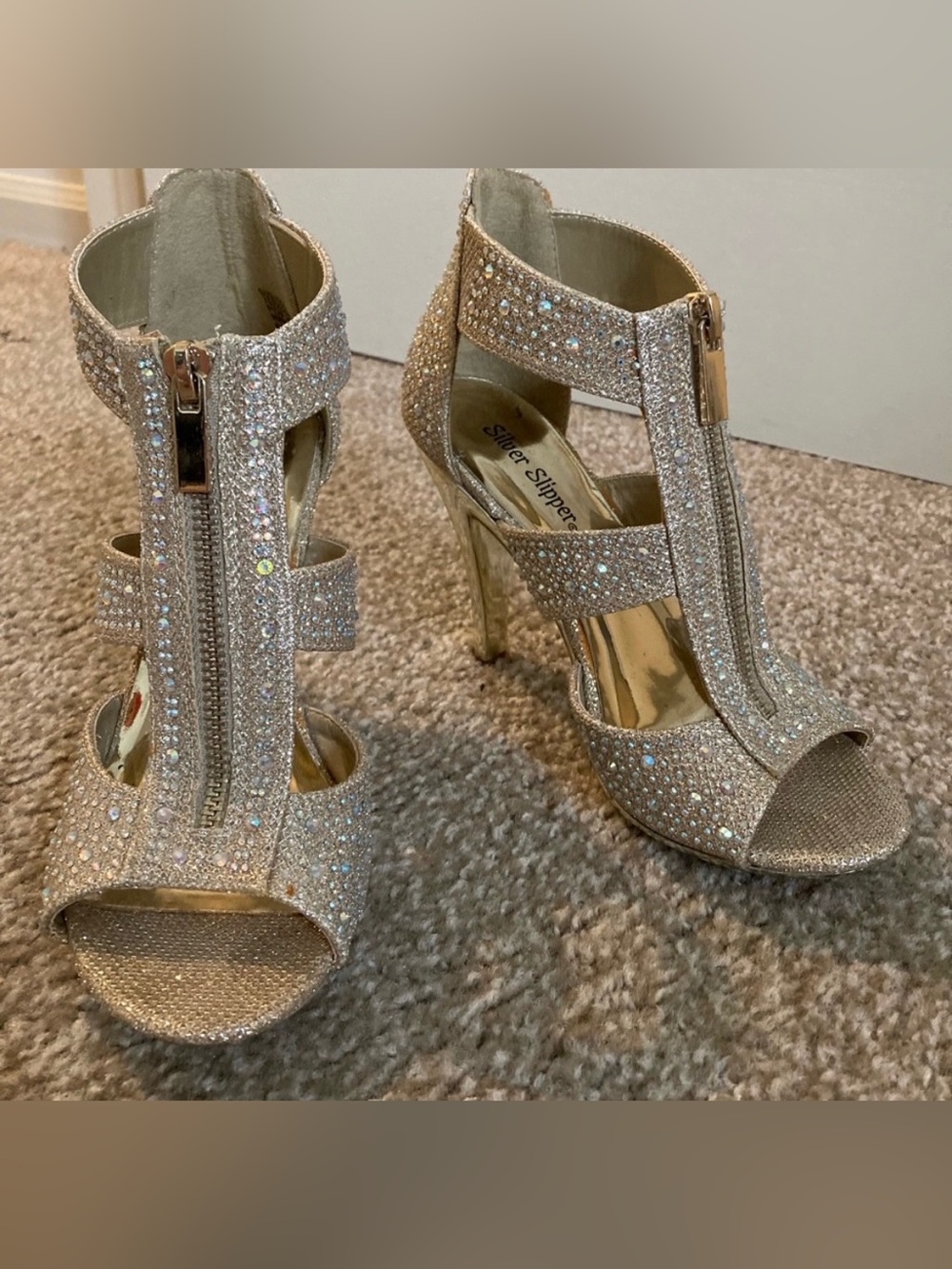 Silver Glitter Strappy High Heel Sandals with Front Zip
